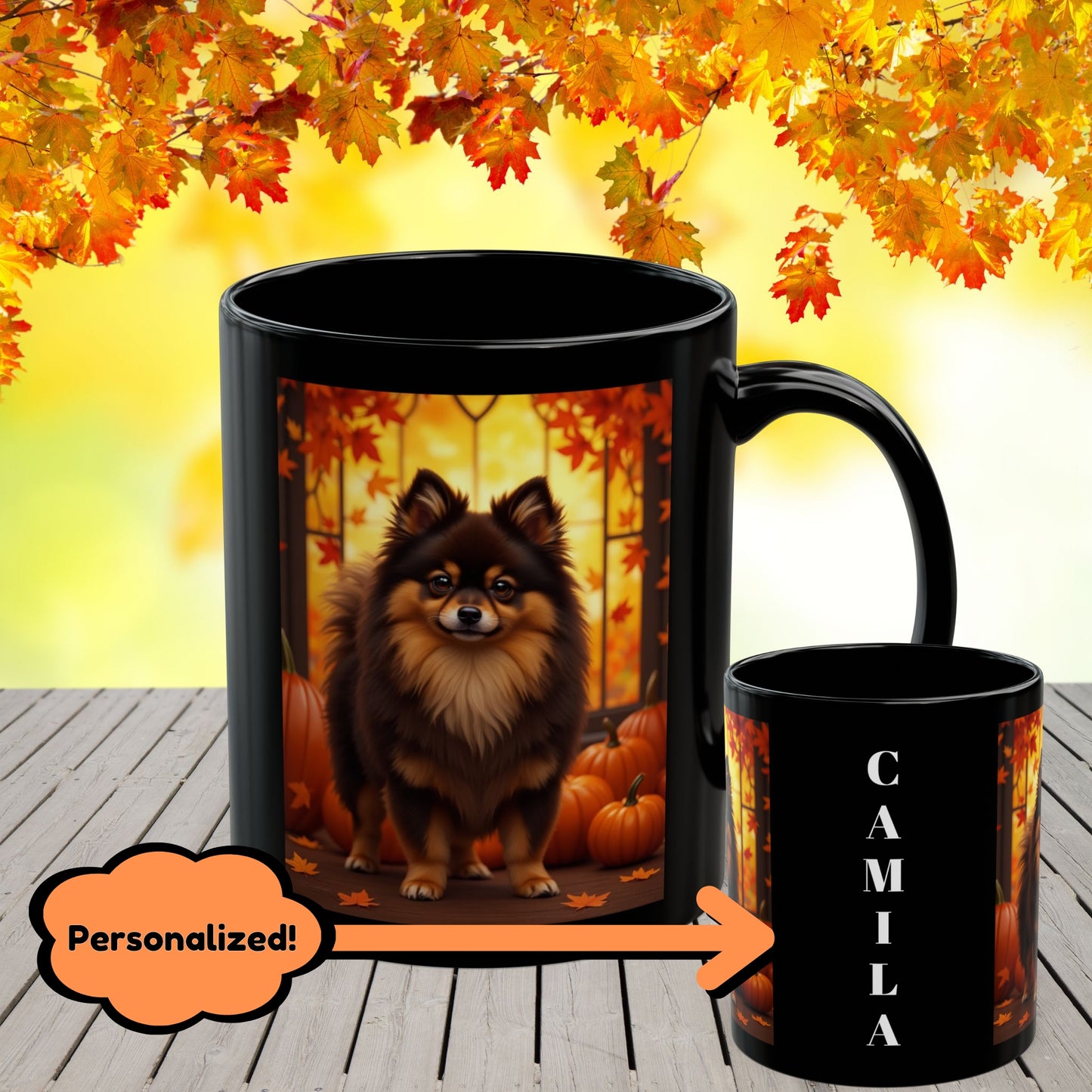Chocolate & Tan Pomeranian fall coffee mug, personalized autumn gift for dog moms and dads