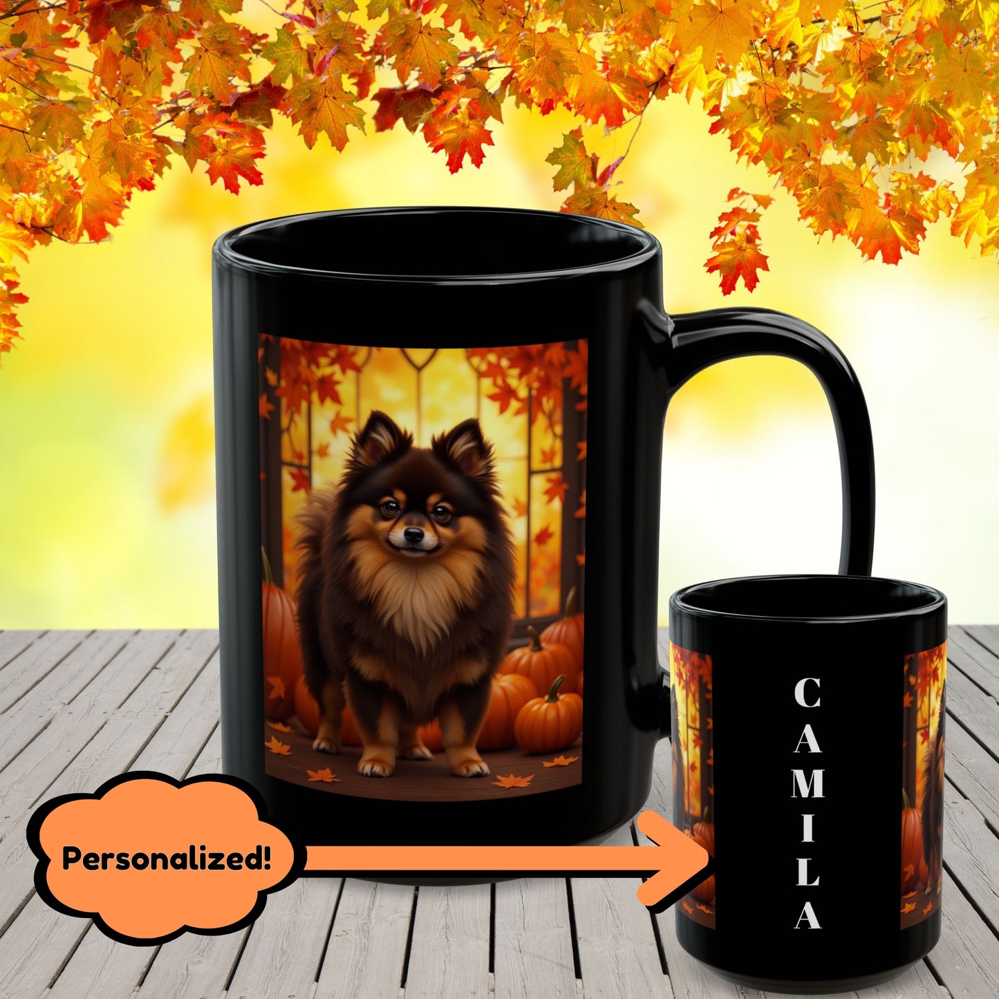 Chocolate & Tan Pomeranian fall coffee mug, personalized autumn gift for dog moms and dads