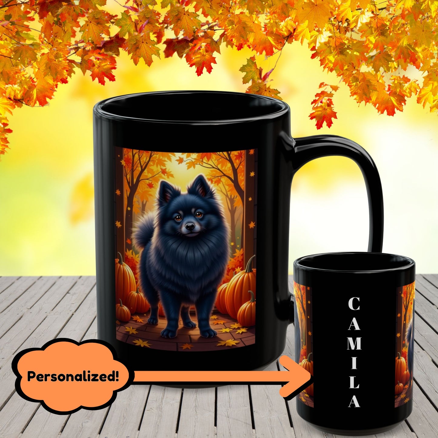 Blue Pomeranian custom autumn mug, personalized dog parent coffee cup for seasonal fall vibes