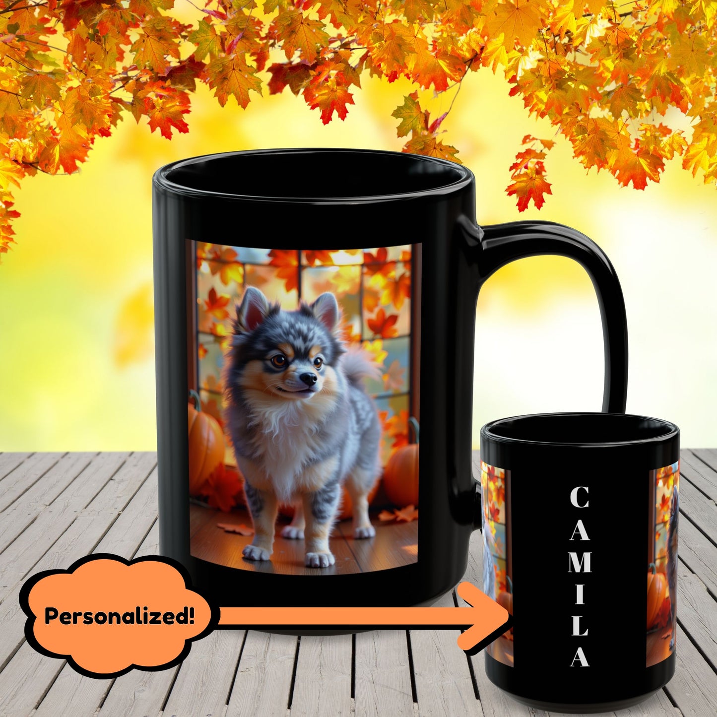 Blue Merle & Tan Pomeranian fall coffee mug, personalized gift for dog lovers and cozy autumn days