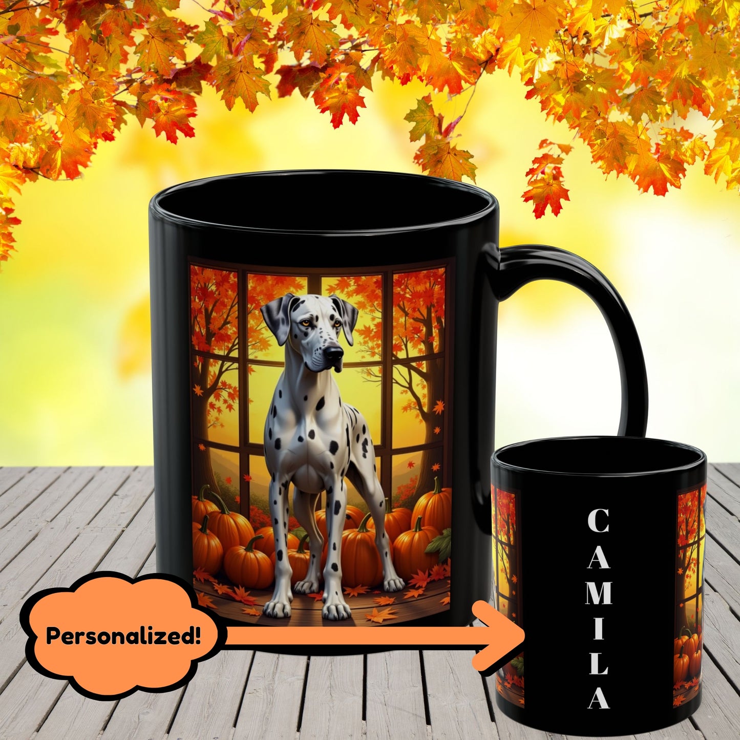 Great Dane Harlequin - Autumn mug, seasonal coffee cup for fall dog parents and Great Dane lovers
