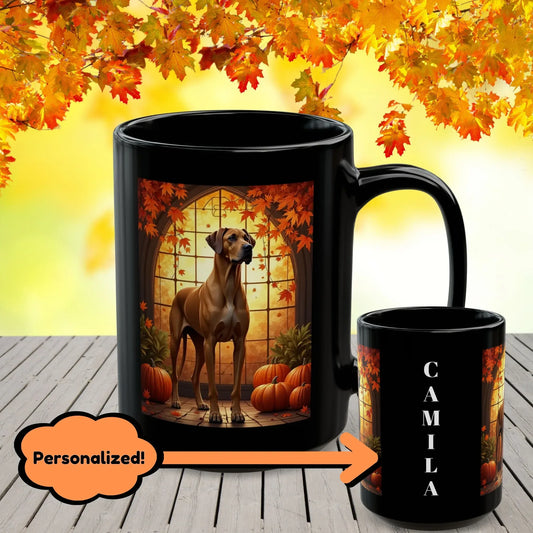 Shop our fawn great dane autumn black mug featuring the 15oz style option from MySisterIsASurvivor.