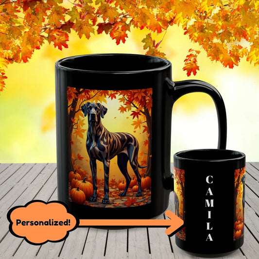 Shop our brindle great dane autumn black mug featuring the 15oz style option from MySisterIsASurvivor.