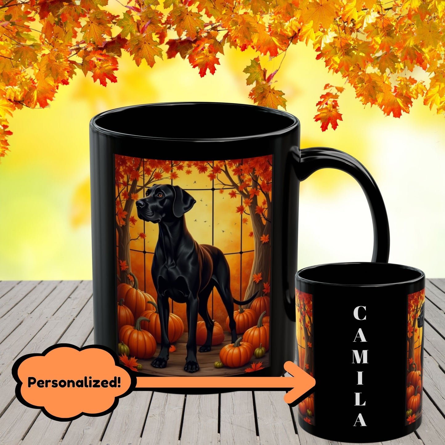 Great Dane Black - Autumn coffee mug, personalized dog lover fall drinkware for Great Dane owners