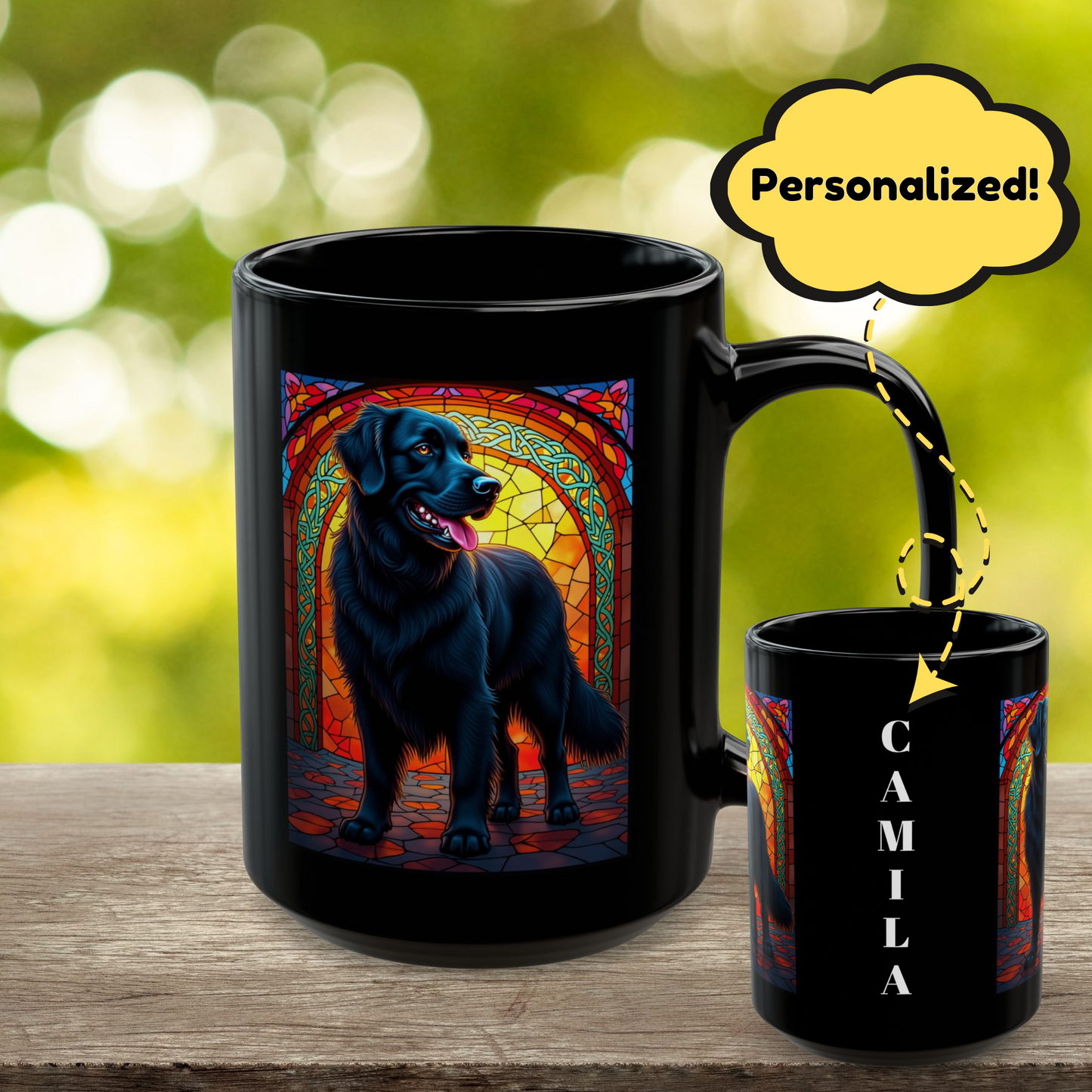 Black Golden Retriever personalized stained glass mug with custom dog name, unique gift for Golden lovers
