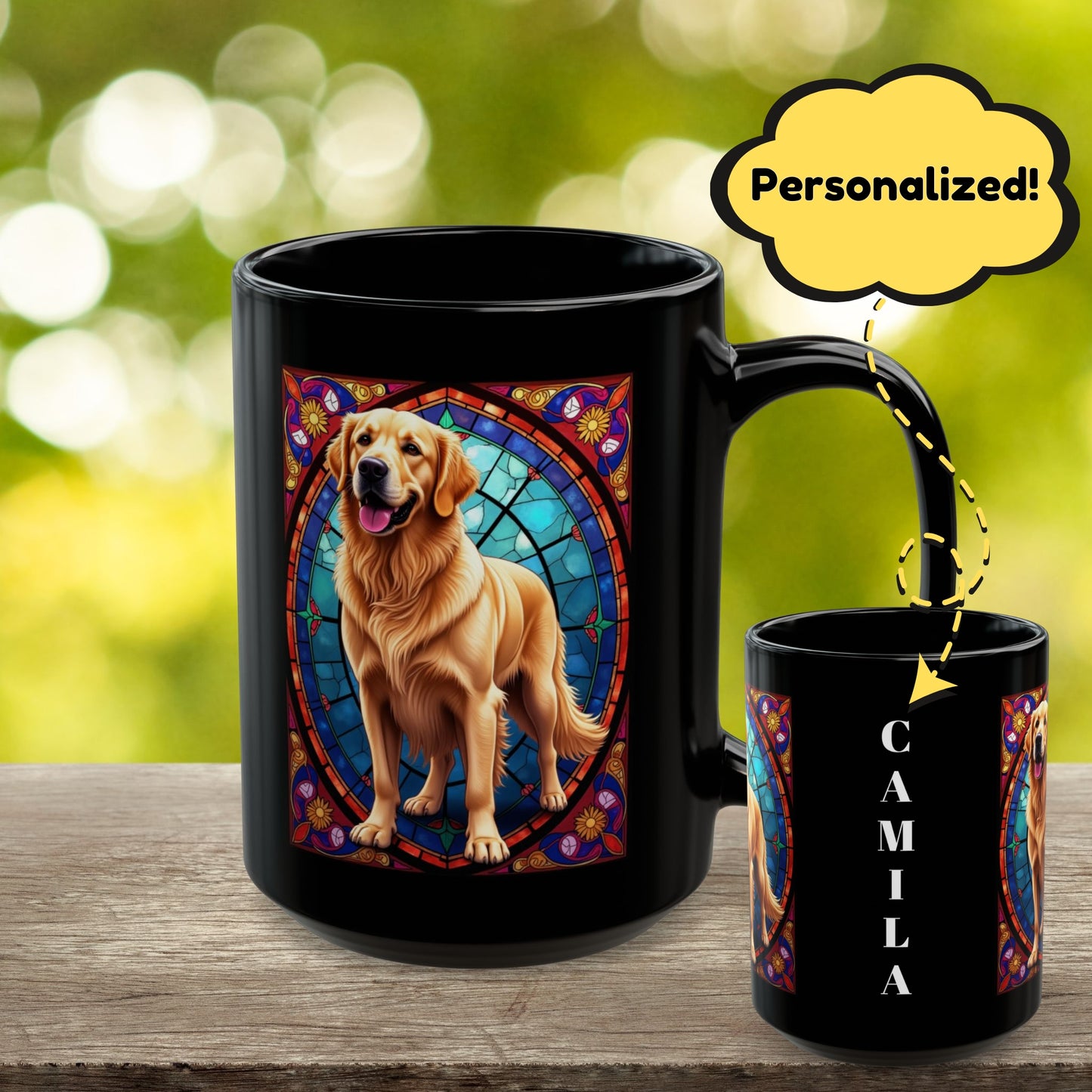 Classic Golden Retriever stained glass style coffee mug, customizable with dog name, perfect gift for pet parents