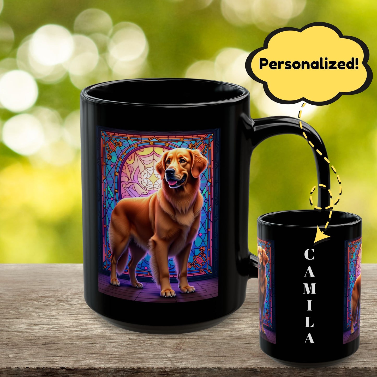 Dark Golden Retriever custom stained glass dog mug, personalized coffee cup for Golden Retriever owners