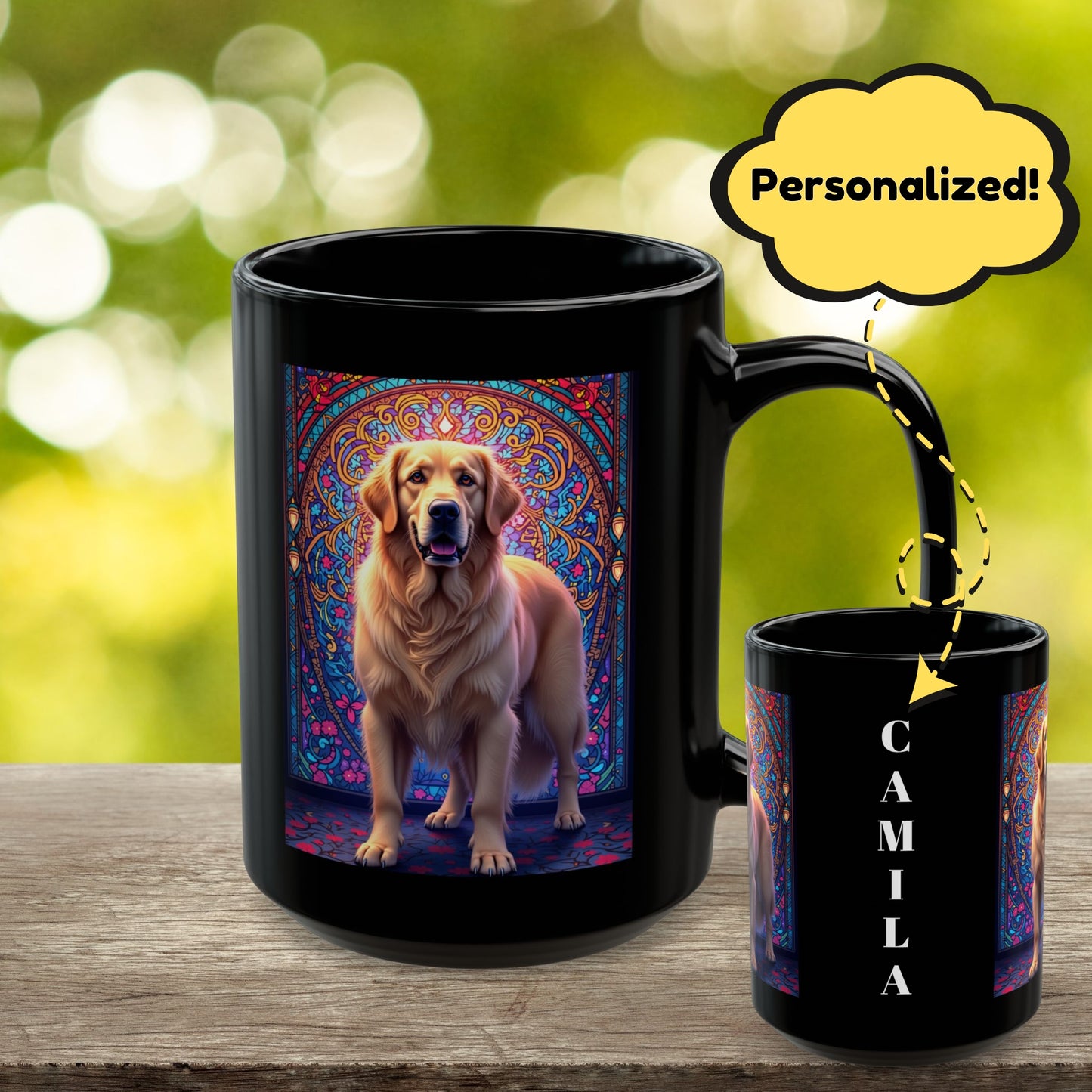 Light Cream Golden Retriever personalized stained glass design mug, custom dog lover gift idea