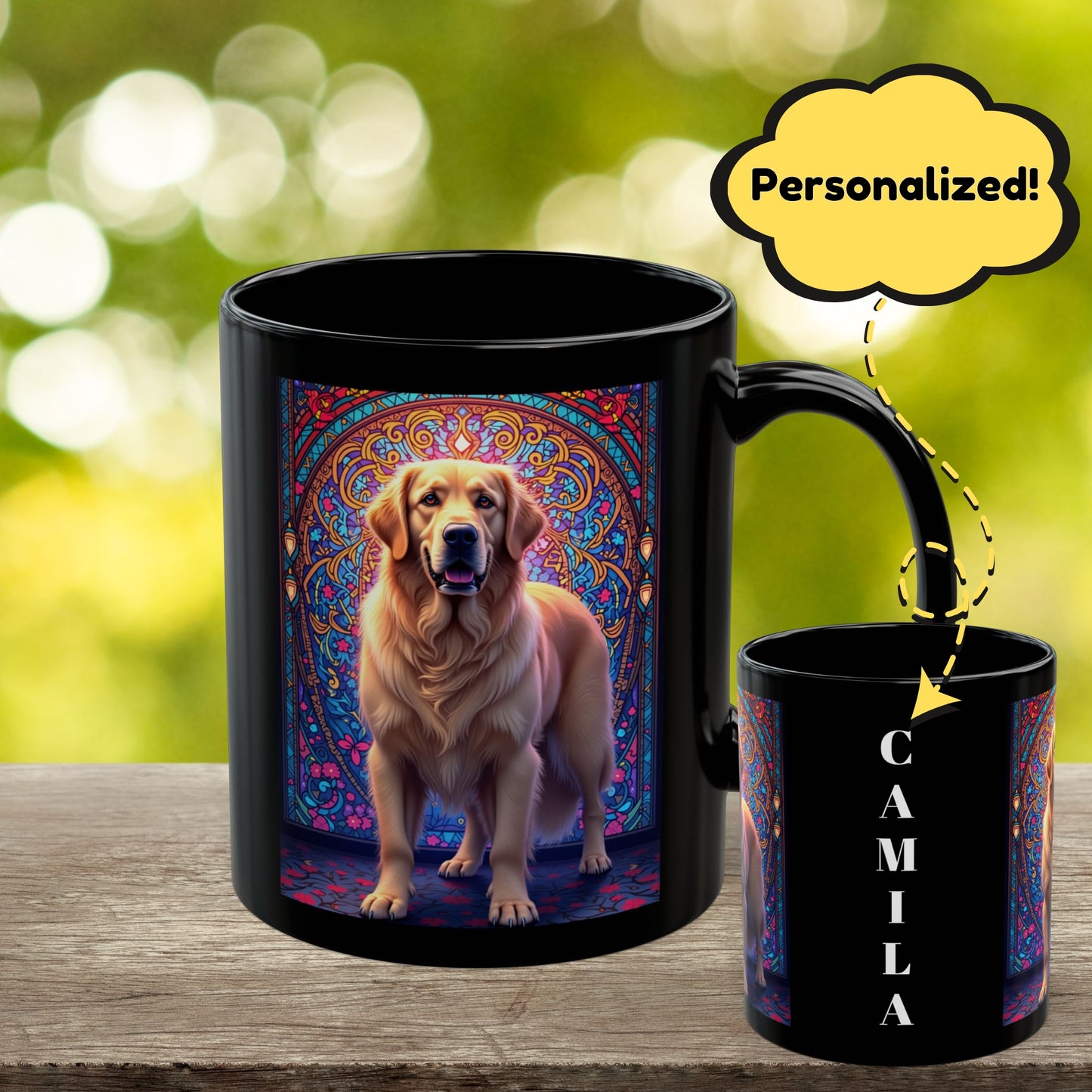 Light Cream Golden Retriever personalized stained glass design mug, custom dog lover gift idea