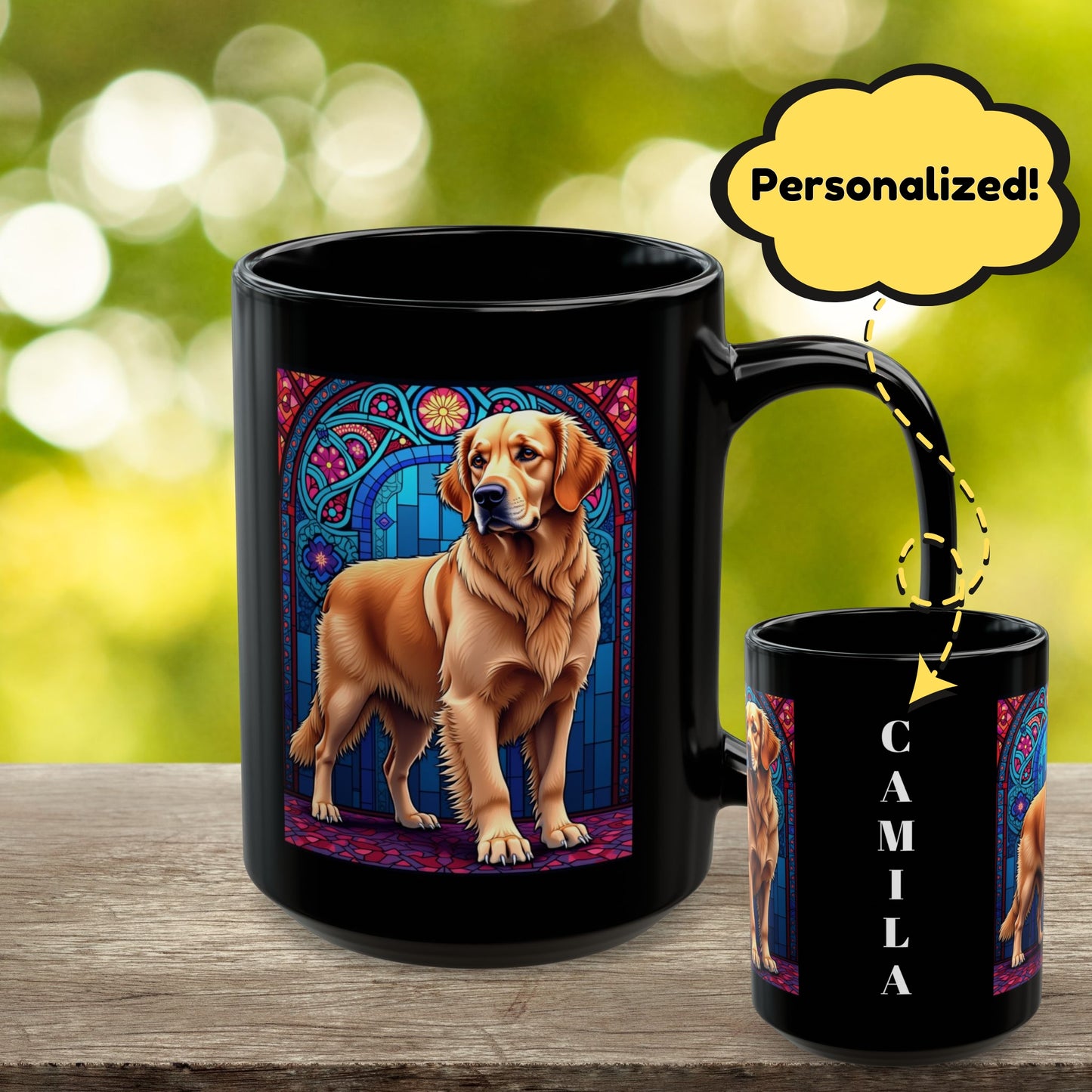 Light Golden Retriever stained glass style coffee mug, personalized dog name gift for Golden fans