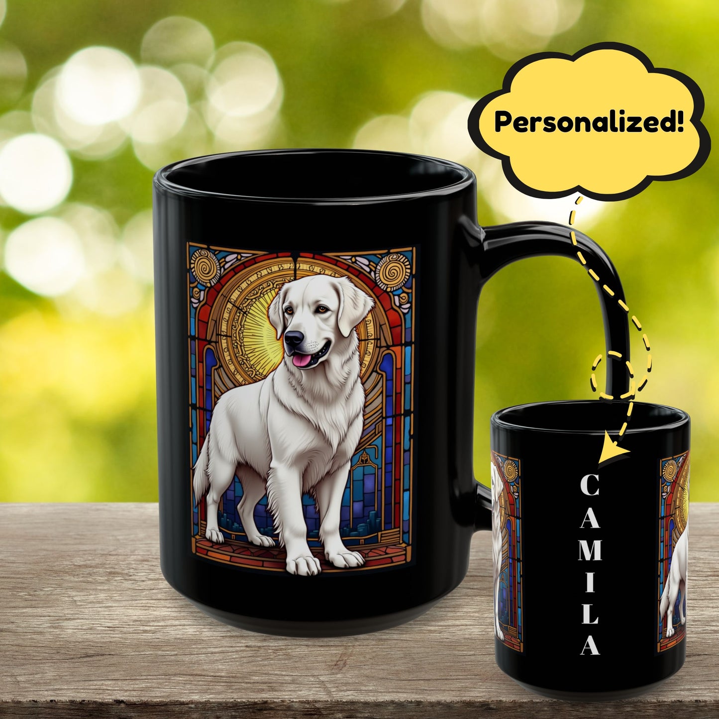 White Golden Retriever stained glass style personalized mug, custom coffee cup for Golden dog lovers
