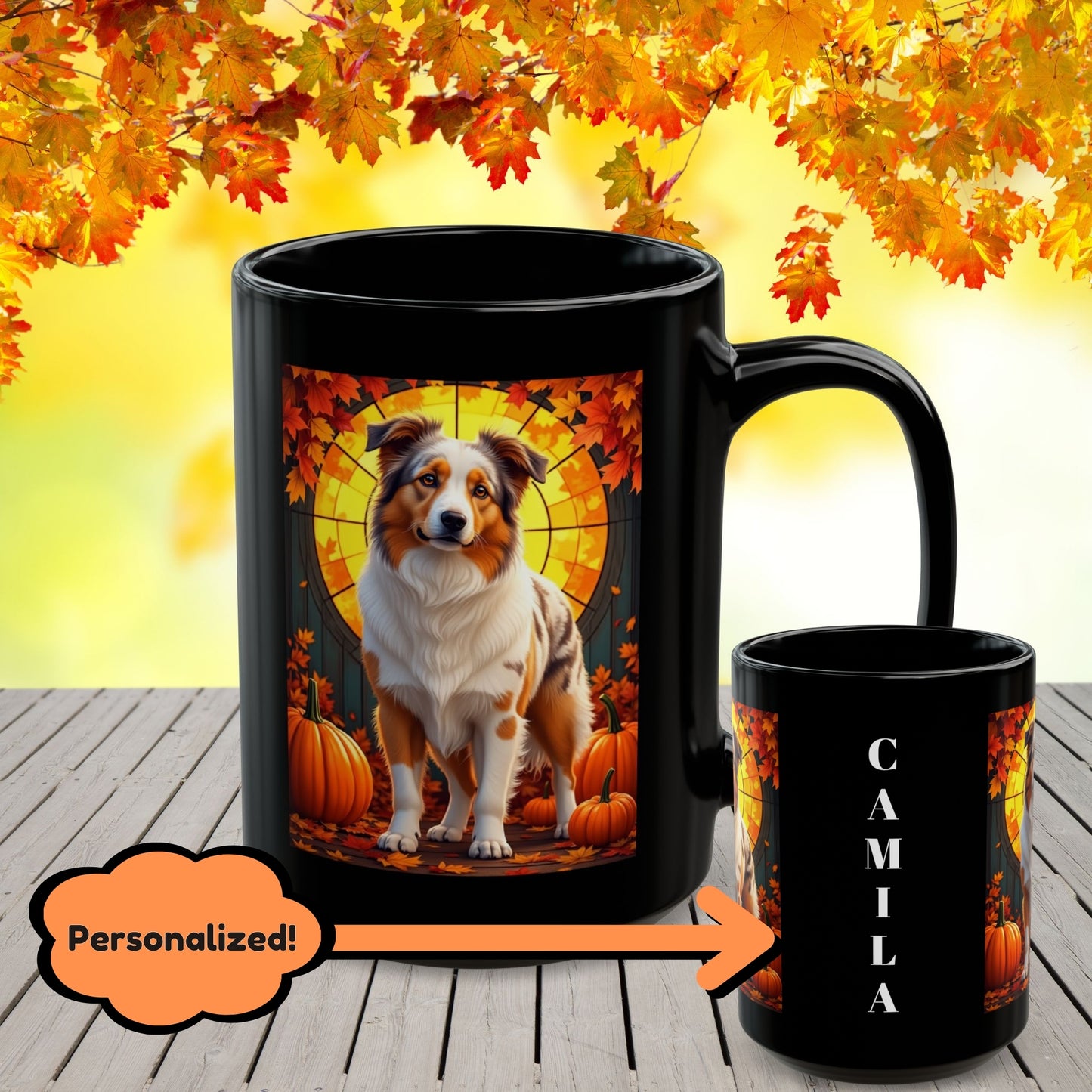 Australian Shepherd Red Merle - Autumn mug, personalized herding dog coffee cup for Aussie enthusiasts