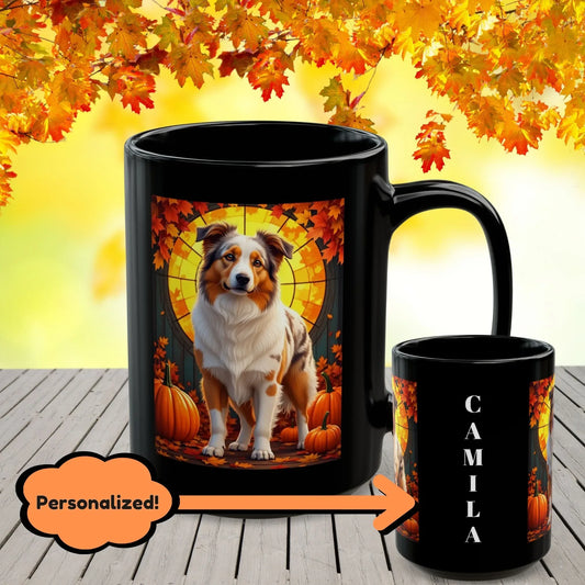 Shop our red merle australian shepherd autumn black mug featuring the 15oz style option from MySisterIsASurvivor.