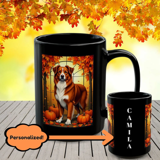Shop our australian shepherd red autumn black mug featuring the 15oz style option from MySisterIsASurvivor.