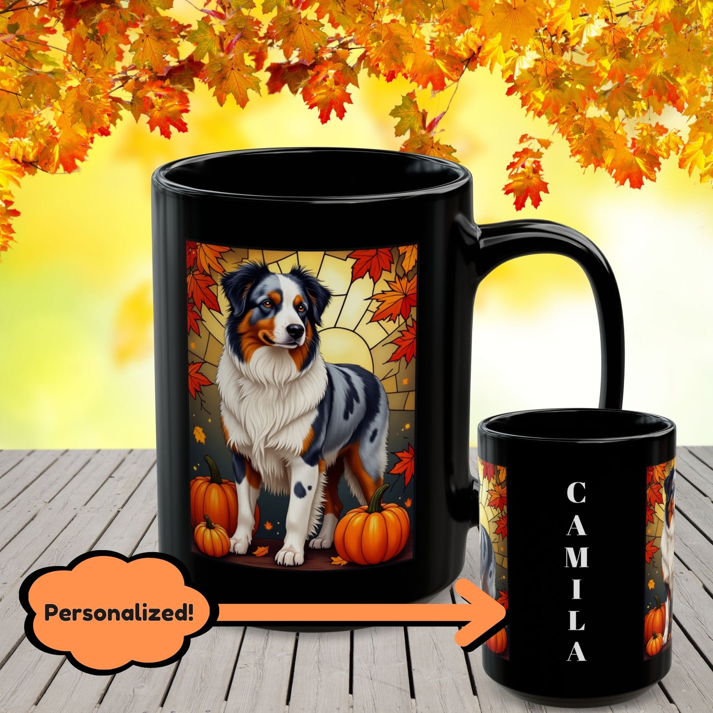 Australian Shepherd Blue Merle - Autumn black mug, personalized Aussie dog coffee cup for pet lovers