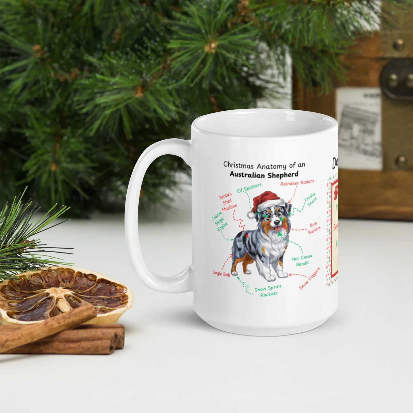 Shop our premium blue merle australian shepherd christmas anatomy mug from MySisterIsASurvivor.