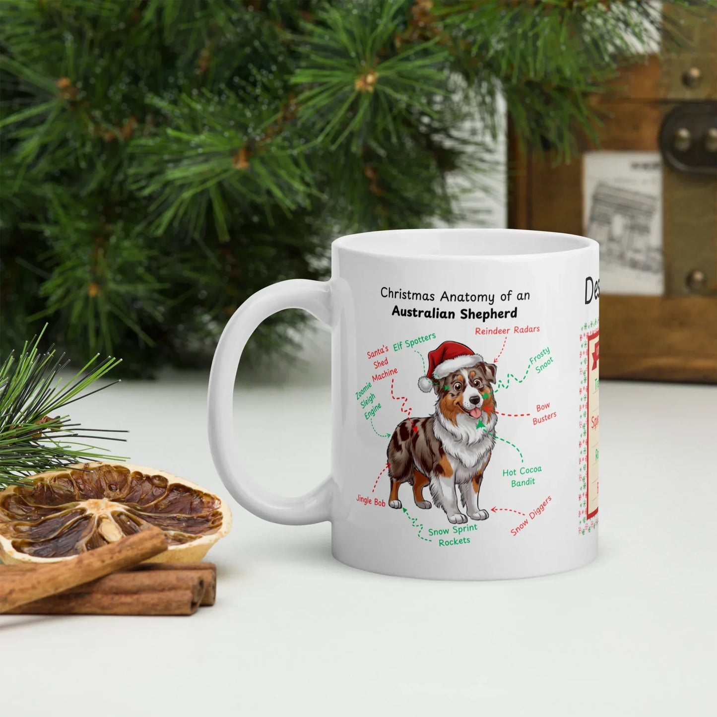 Shop our premium red merle australian shepherd christmas anatomy mug from MySisterIsASurvivor.