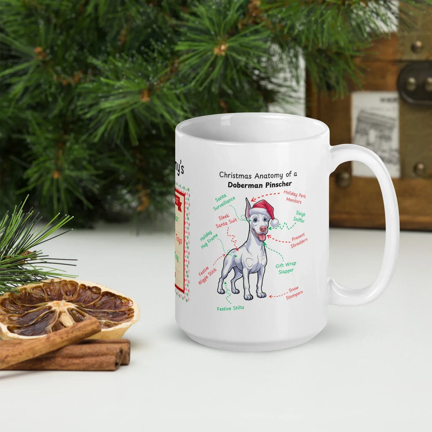Shop our premium doberman pinscher white christmas anatomy mug from MySisterIsASurvivor.