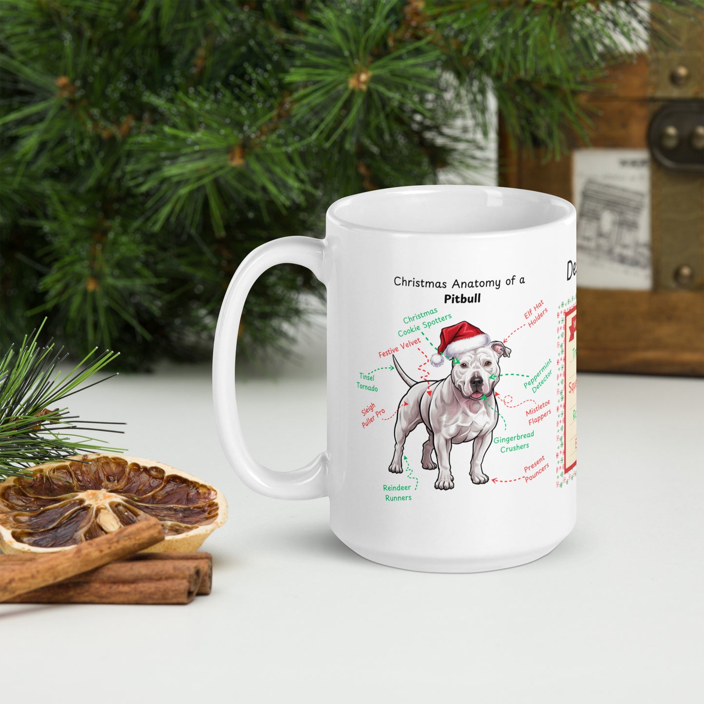 Pitbull (White) Christmas coffee mug, festive dog lover gift, personalized holiday dog anatomy cup
