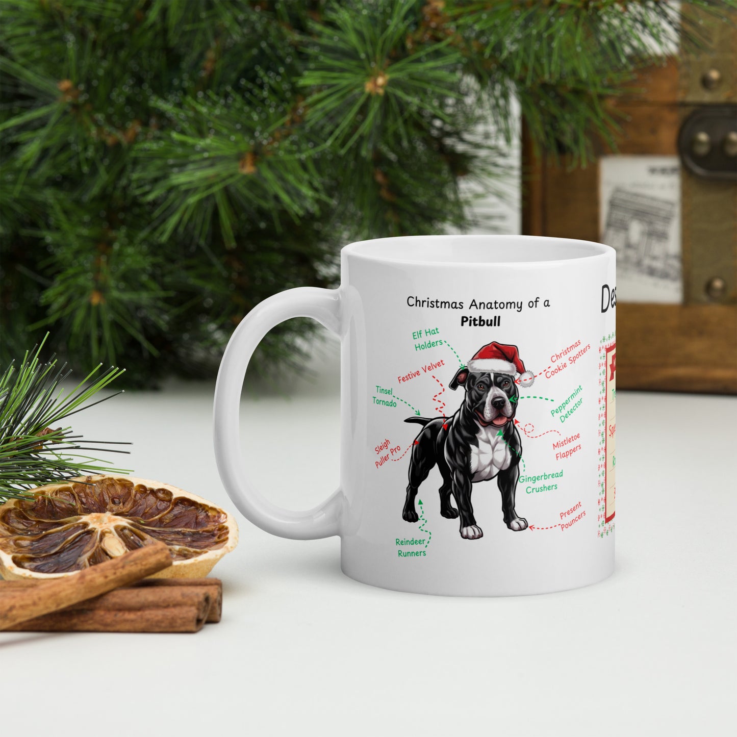 Pitbull (Black & White) Christmas mug, custom dog anatomy coffee cup, funny holiday gift for Pitbull fans