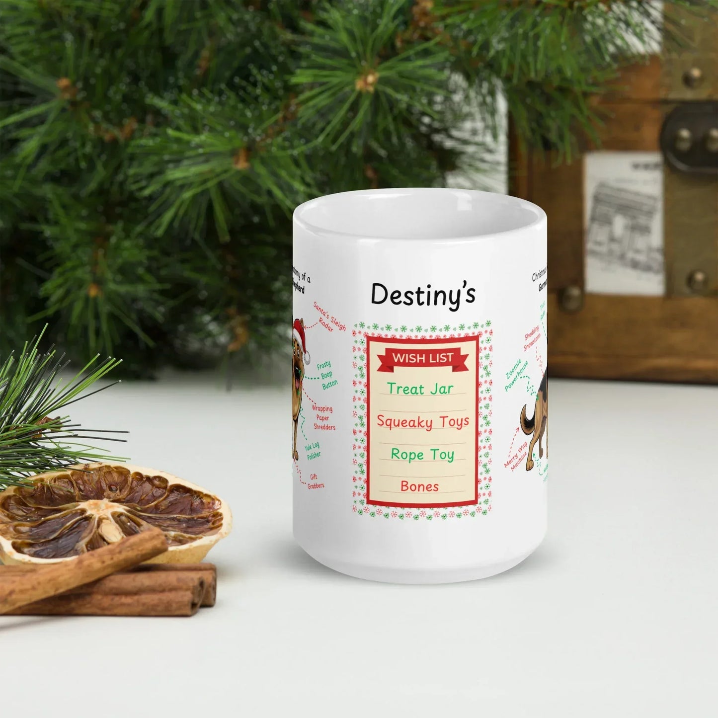 Shop our premium german shepherd christmas anatomy mug from MySisterIsASurvivor.