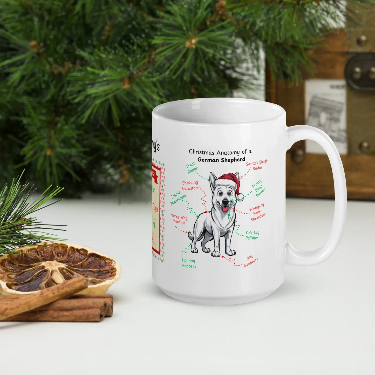 Shop our premium white german shepherd christmas anatomy mug from MySisterIsASurvivor.