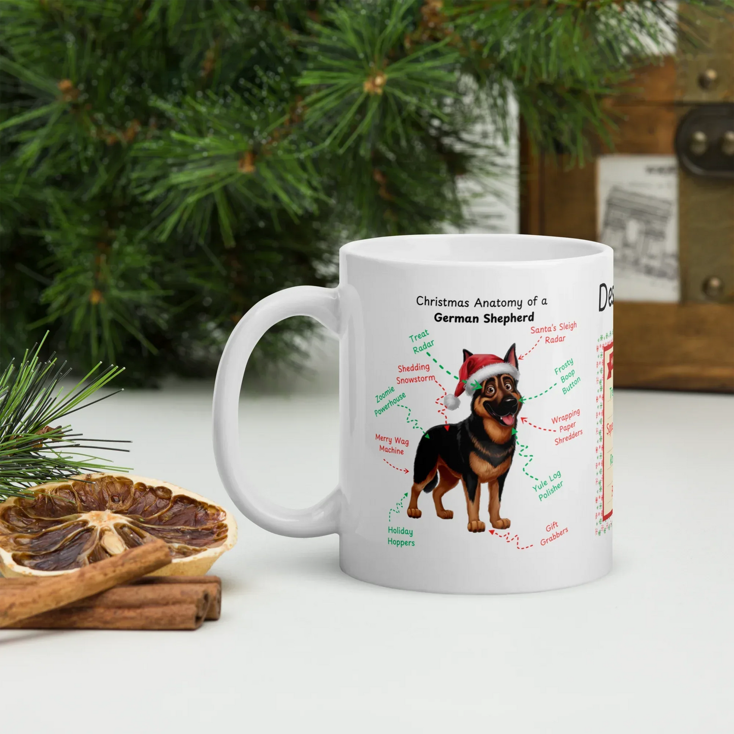 Shop our premium black rust german shepherd christmas anatomy mug from MySisterIsASurvivor.