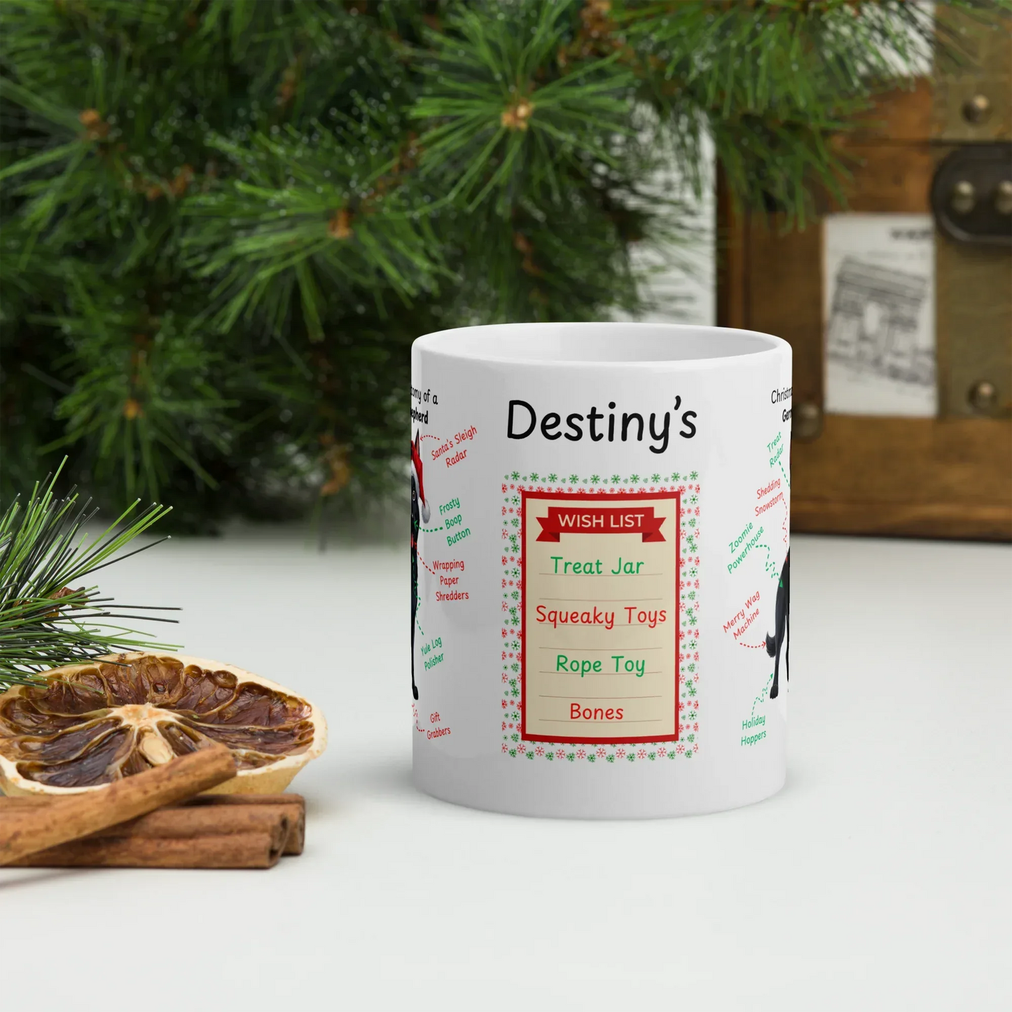 Shop our premium black german shepherd christmas anatomy mug from MySisterIsASurvivor.