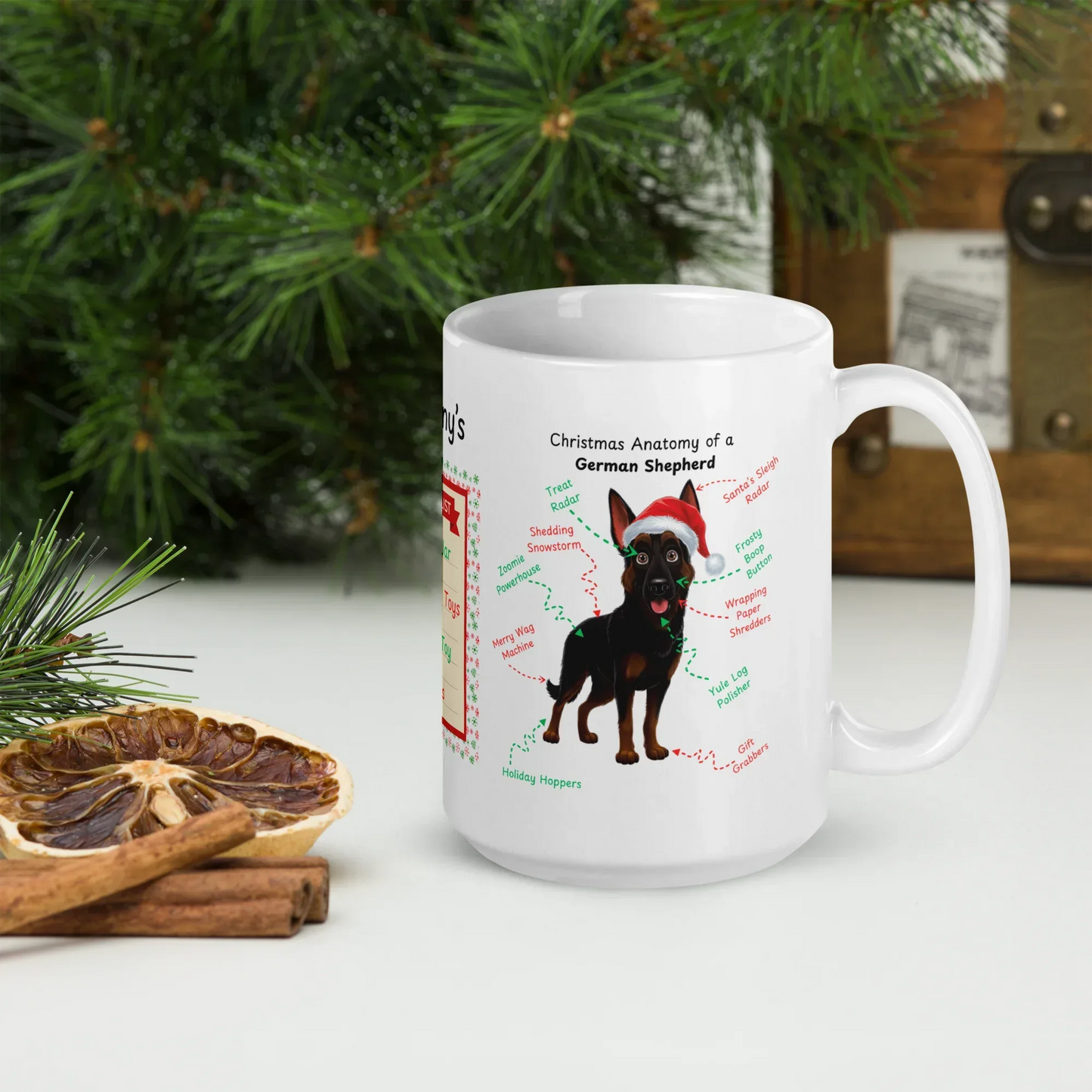 Shop our premium bi color german shepherd christmas anatomy mug from MySisterIsASurvivor.
