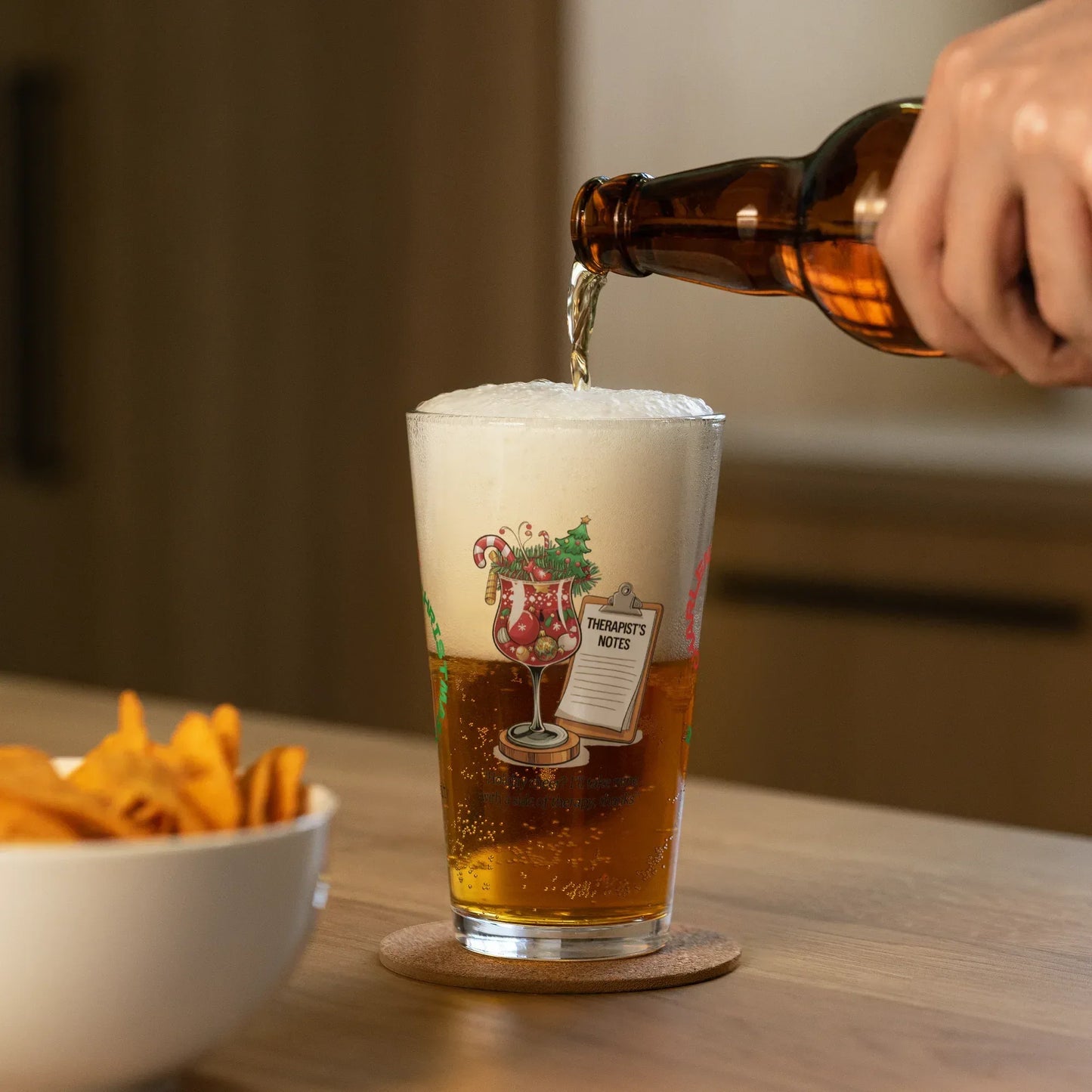 Shop our premium holiday cheer ill take mine with a side of therapy thanks christmas pint glass from MySisterIsASurvivor.