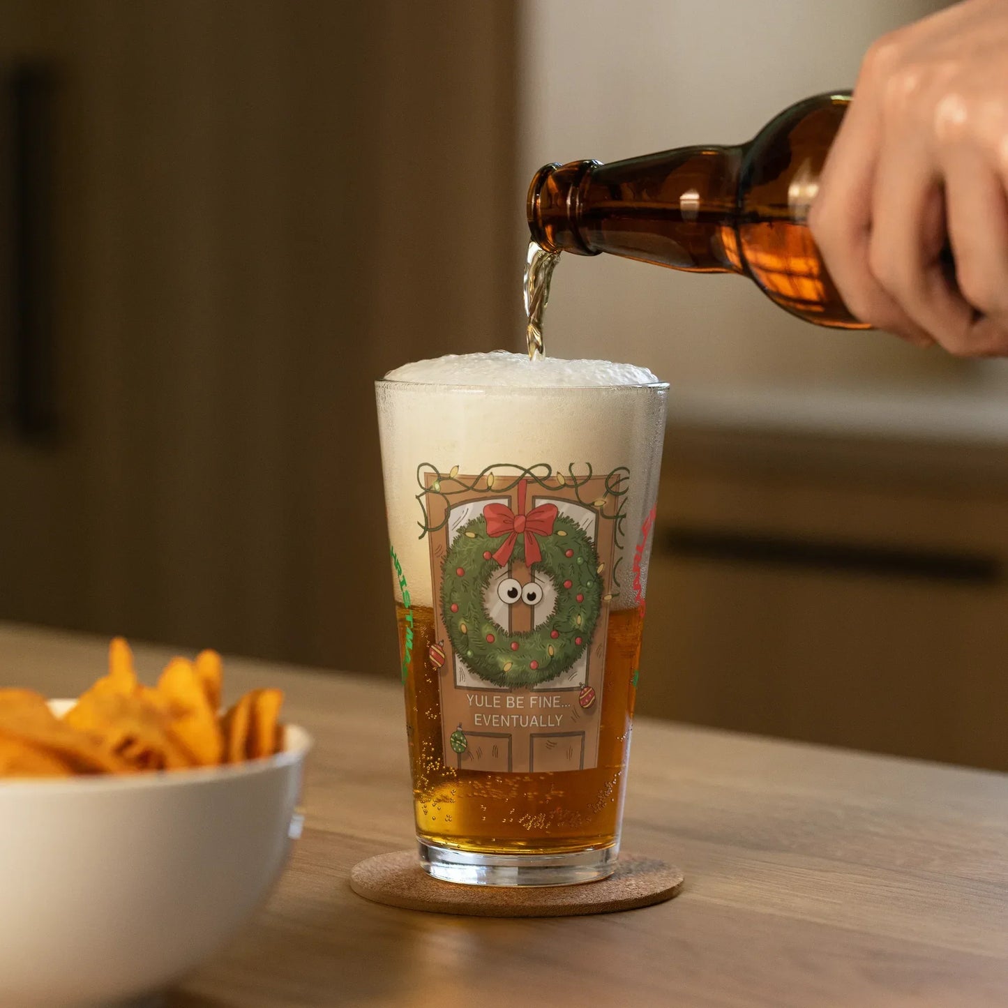 Shop our premium yule be fine eventually christmas pint glass from MySisterIsASurvivor.
