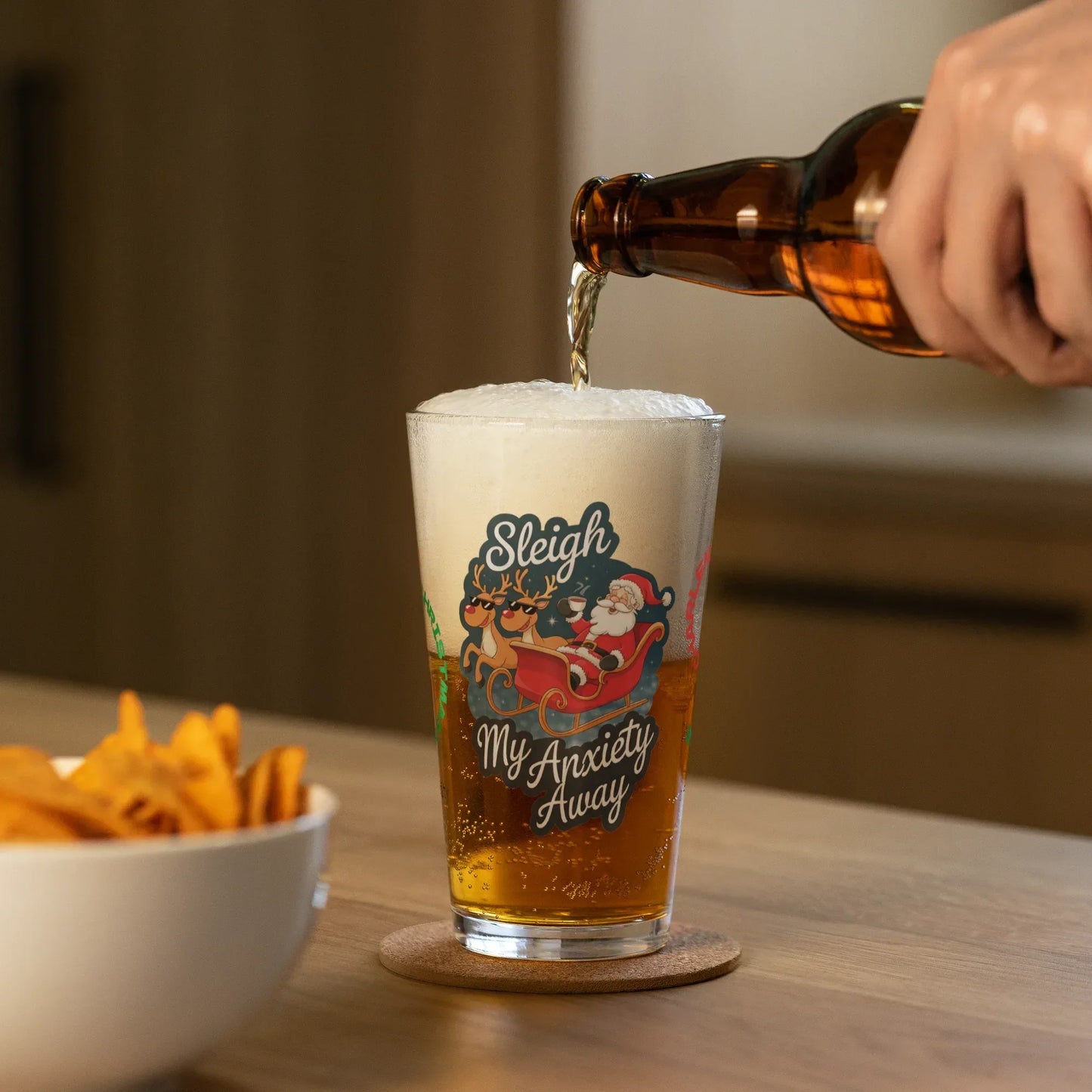 Shop our premium sleigh my anxiety away christmas pint glass from MySisterIsASurvivor.