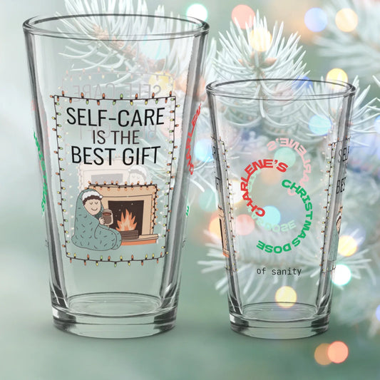 Shop our premium self care is the best gift christmas pint glass 1 from MySisterIsASurvivor.