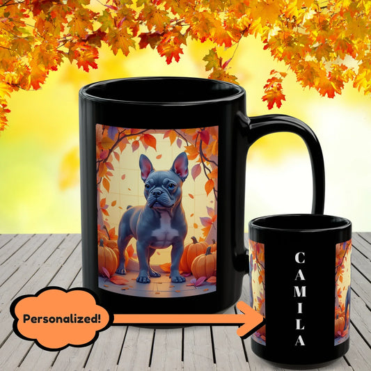 Shop our blue french bulldog autumn black mug featuring the 15oz style option from MySisterIsASurvivor.