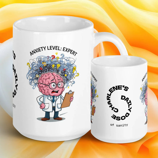Shop our anxiety level expert mug 1 featuring the 15oz style option from MySisterIsASurvivor.