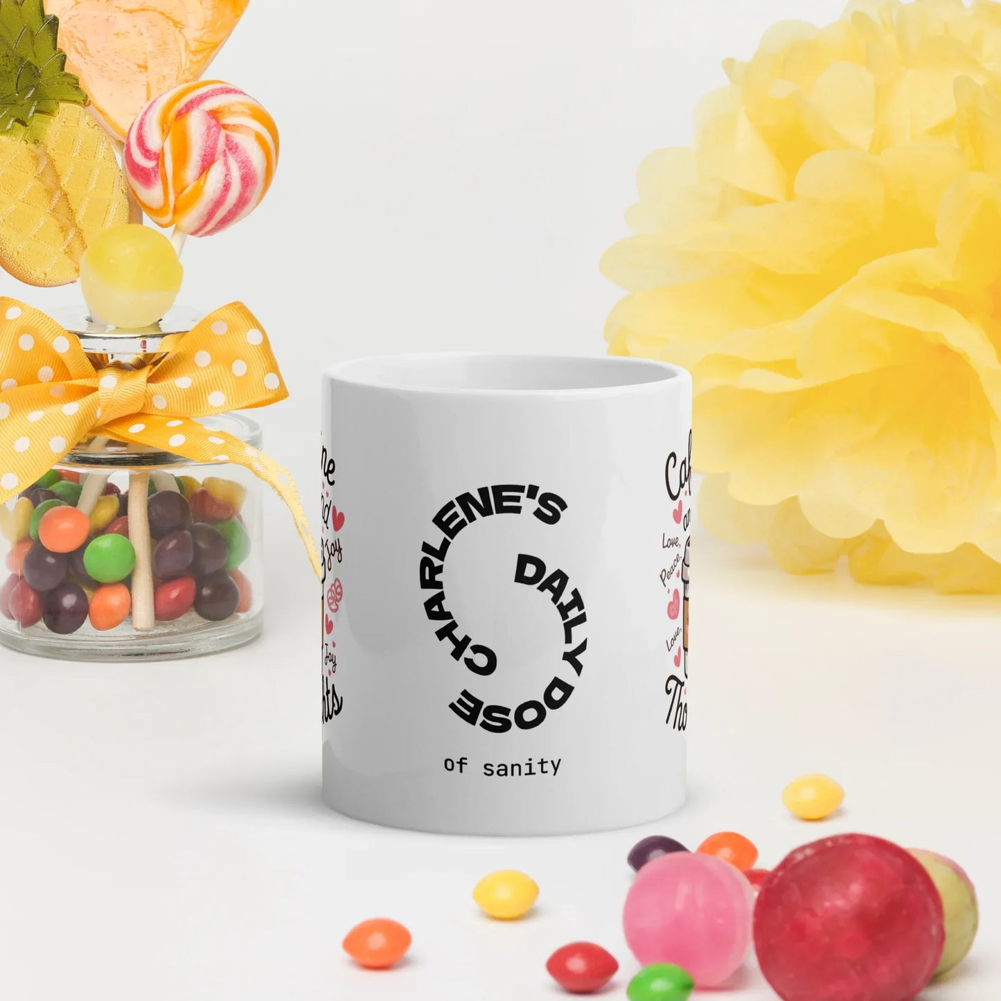 Shop our premium caffeine and kind thoughts mug from MySisterIsASurvivor.