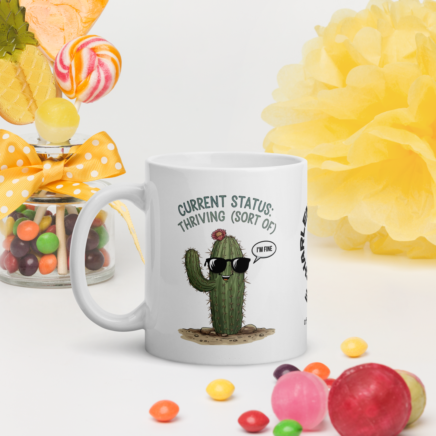 Current Status: Thriving (Sort Of) funny mug personalized ceramic coffee cup, fun daily humor gift