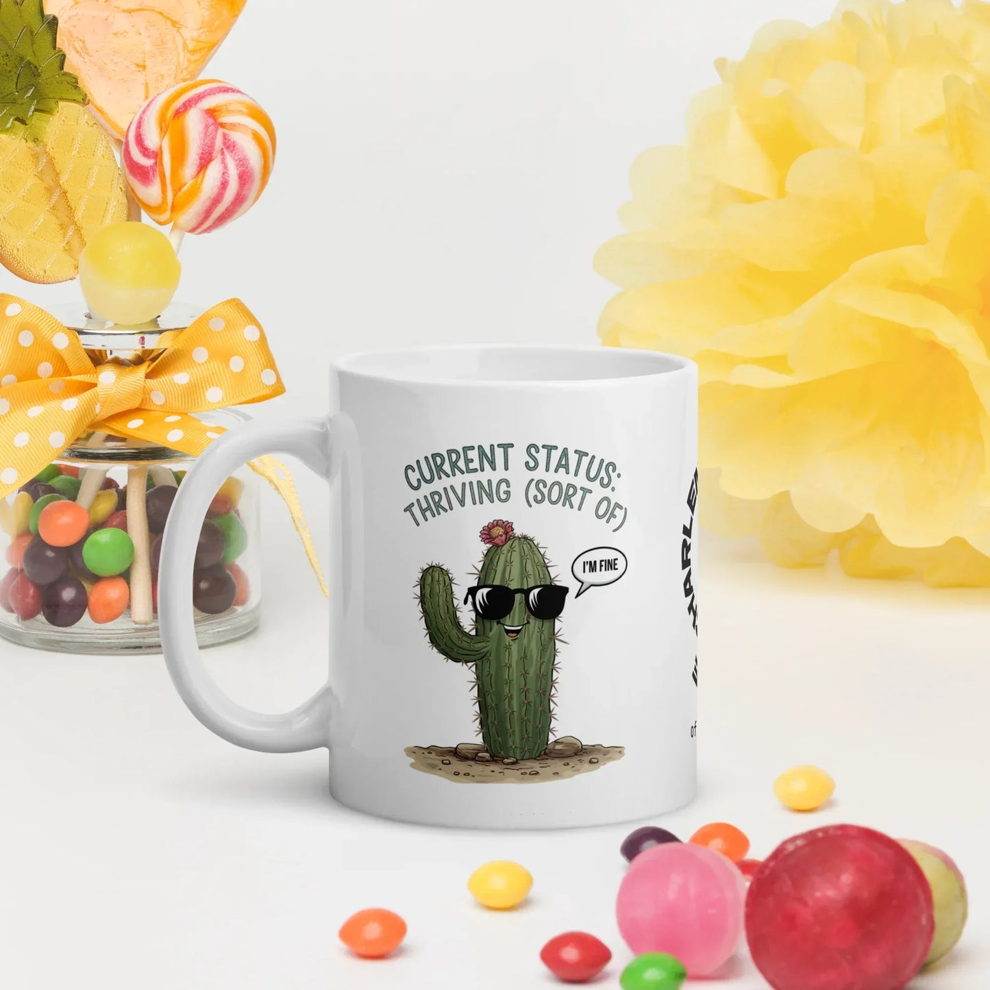 Shop our premium current status thriving sort of mug from MySisterIsASurvivor.