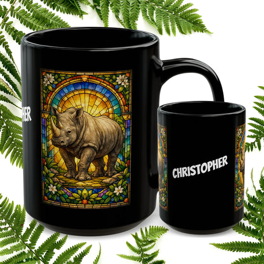 Shop our rhino stained glass style black mug featuring the 15oz style option from MySisterIsASurvivor.
