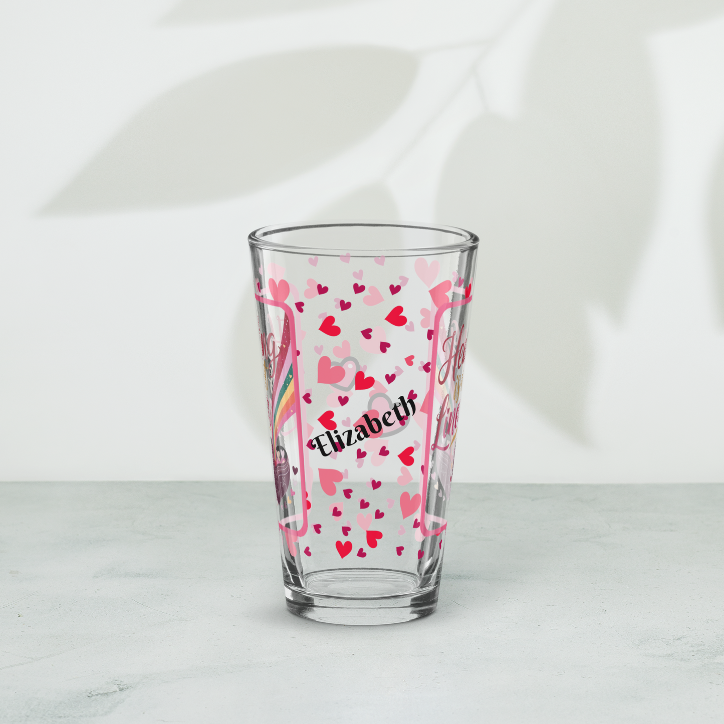 Healing is not linear Valentine’s Day 16 oz pint glass with heart pattern and supportive mental health message