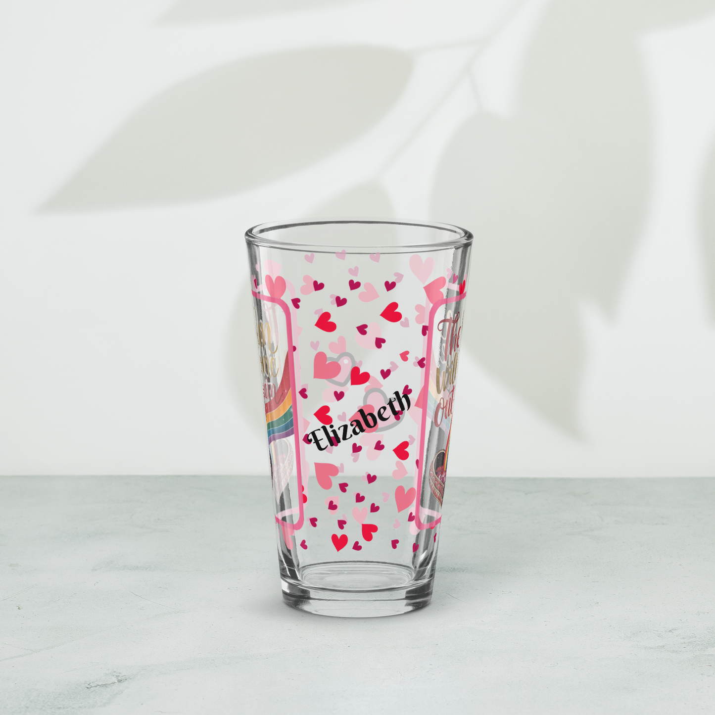 The sun will come out again Valentine’s Day 16 oz pint glass with heart pattern and hopeful quote