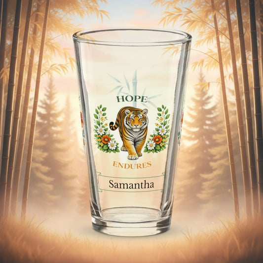 Shop our premium hope endures tiger pint glass from MySisterIsASurvivor.