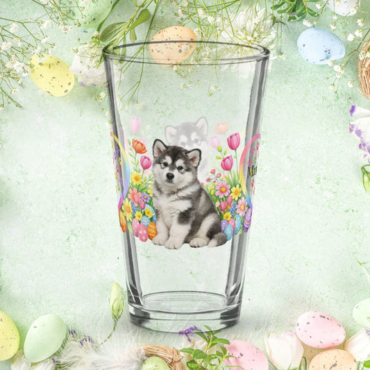 Shop our premium alaskan malamute gray white easter puppy pint glass from MySisterIsASurvivor.