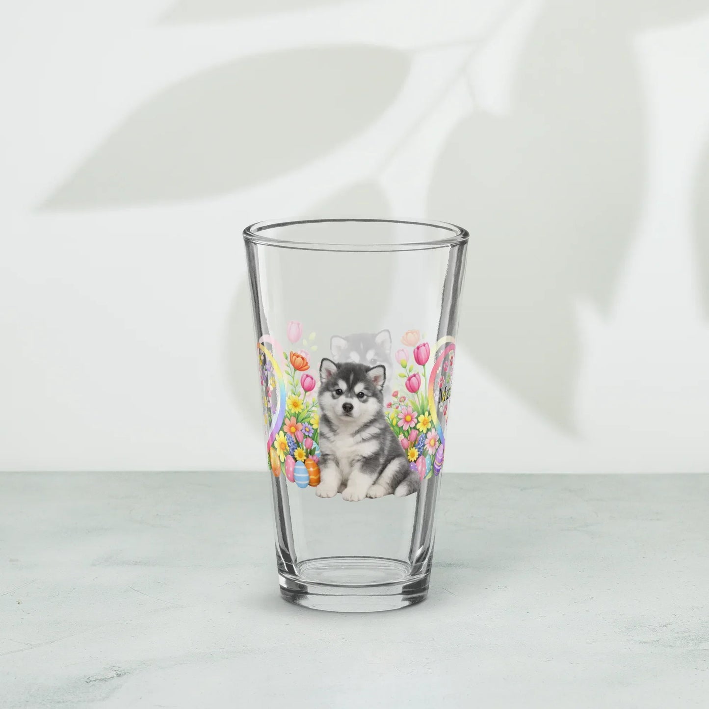 Shop our premium alaskan malamute blue white easter puppy pint glass from MySisterIsASurvivor.