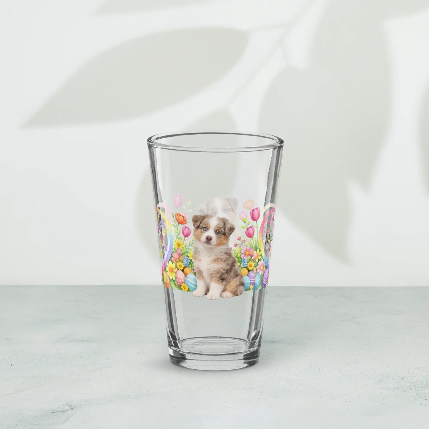 Shop our premium australian shepherd red merle easter puppy pint glass from MySisterIsASurvivor.