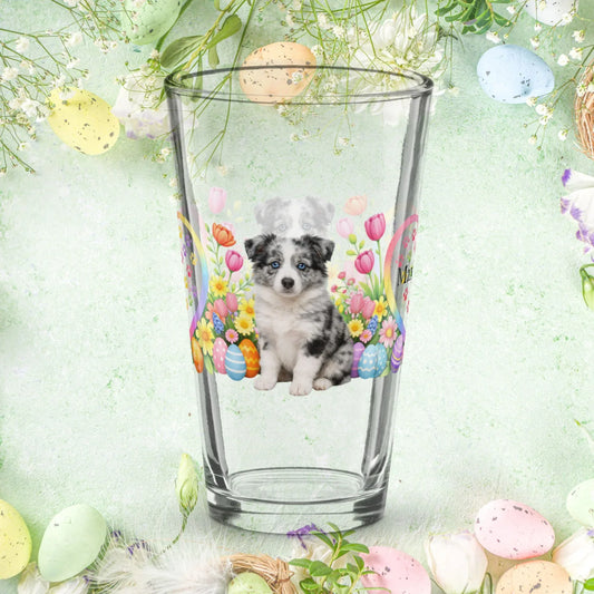 Shop our premium border collie blue merle easter puppy pint glass from MySisterIsASurvivor.