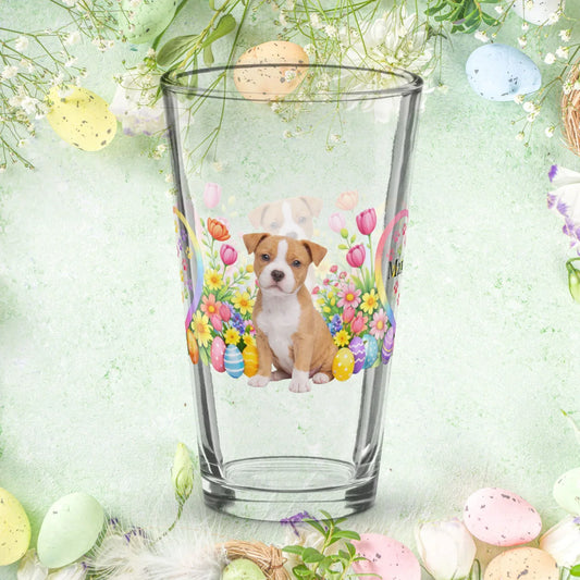 Shop our premium pitbull fawn white easter puppy pint glass from MySisterIsASurvivor.