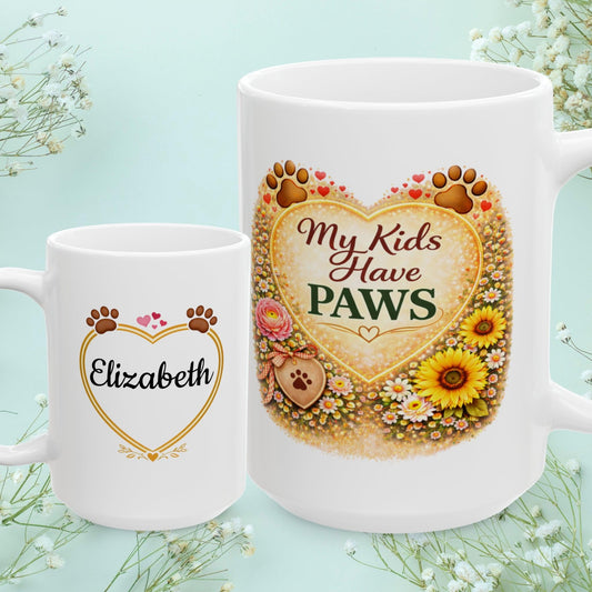 Shop our my kids have paws fur mom mug featuring the 15oz style option from MySisterIsASurvivor.