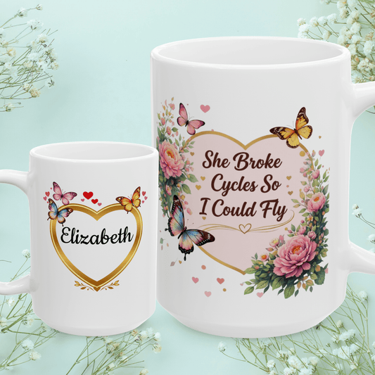 Shop our she broke cycles so i could fly mug featuring the 15oz style option from MySisterIsASurvivor.