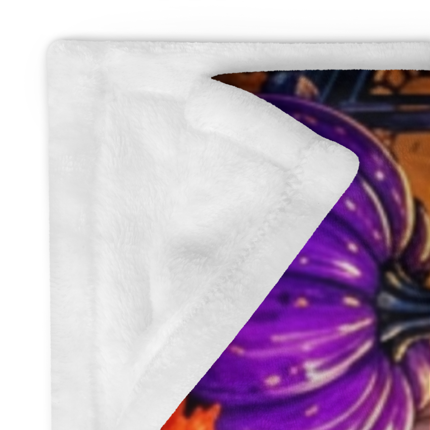 Fall Into Joy Velveteen Blanket - Ghost with Arms Raised in Delight with Pumpkins and Cozy Cottage